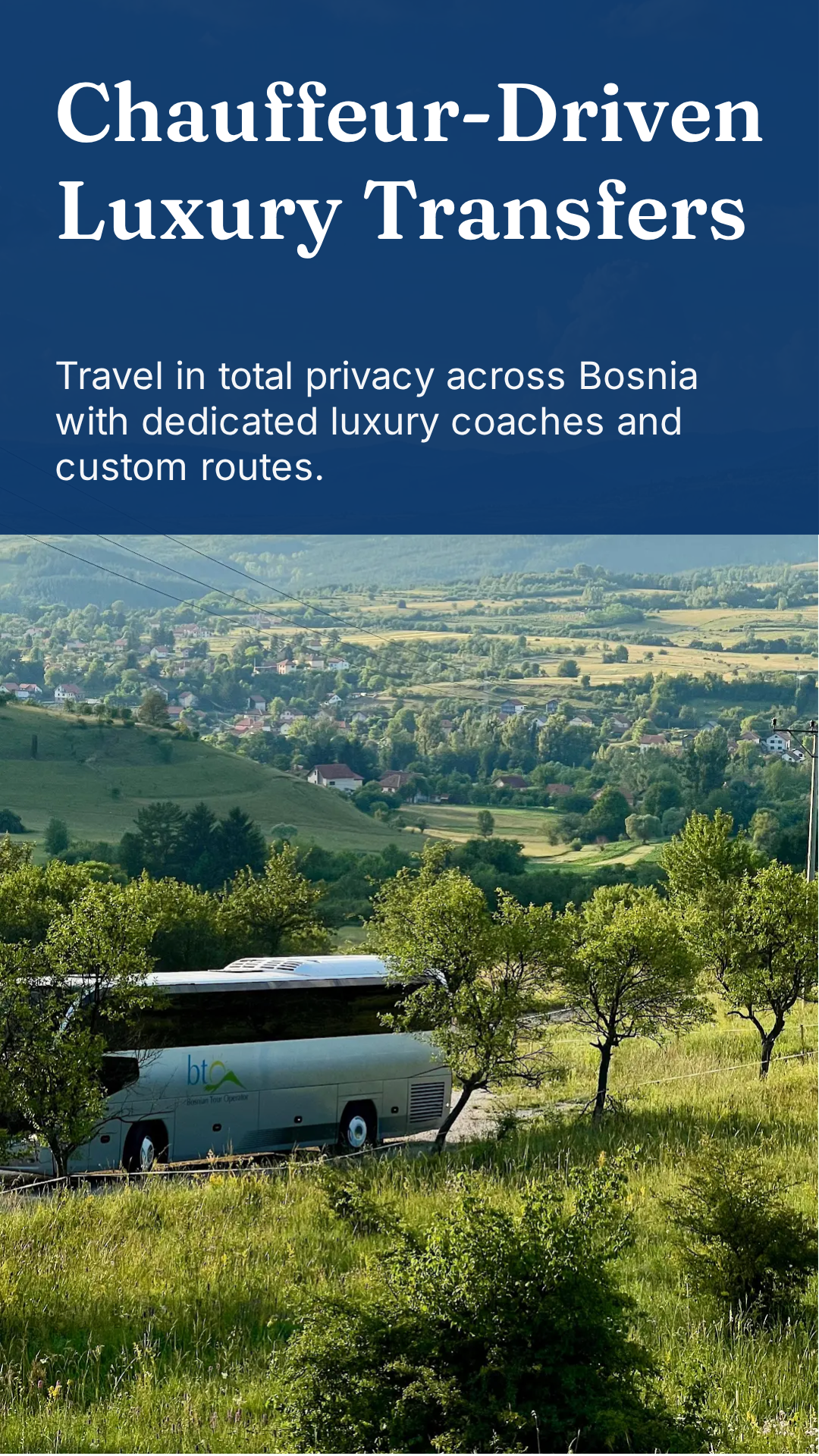 Private coach travelling through the green Bosnian countryside